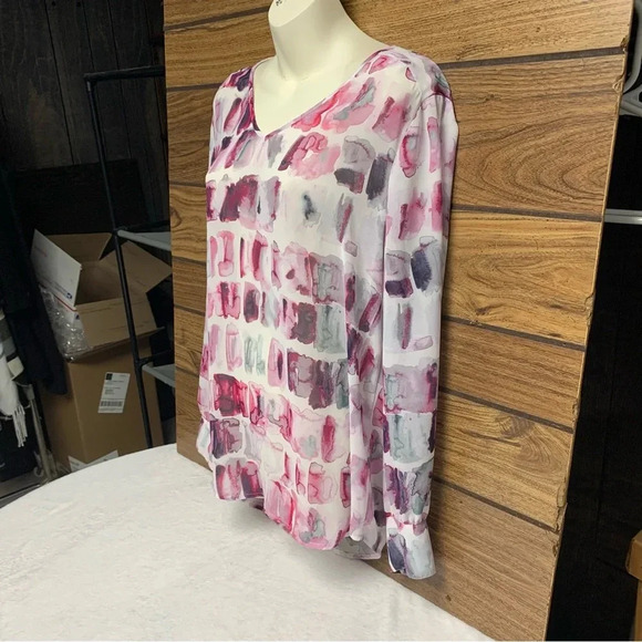 Liz Claiborne white/purple Large semi sheer long sleeve top silver buttons - Picture 2 of 5